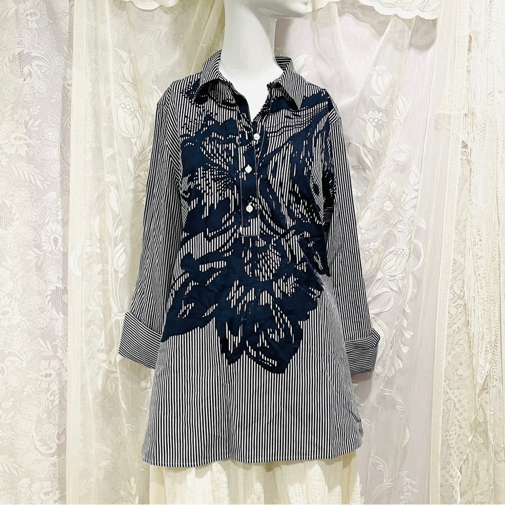 Chico's Navy and White Striped Button Shirt Blouse
